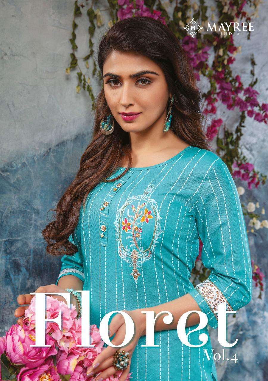 FLORET VOL-4 BY MAYREE 401 TO 408 SERIES DESIGNER STYLISH FANCY COLORFUL BEAUTIFUL PARTY WEAR & ETHNIC WEAR COLLECTION RAYON EMBROIDERY KURTIS WITH BOTTOM  AT WHOLESALE PRICE