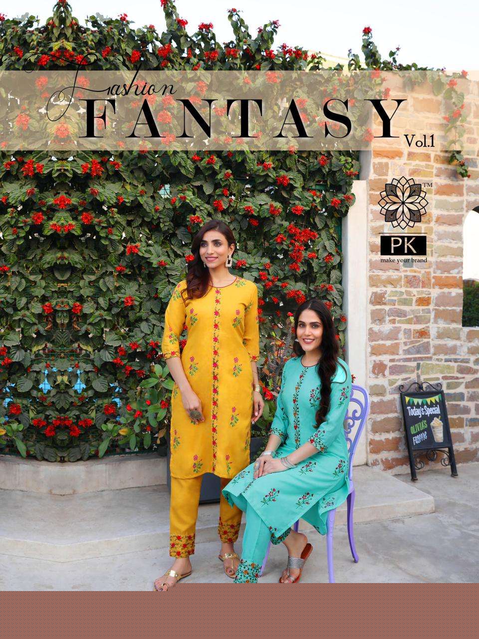 FASHION FANTASY VOL-1 BY PK 1001 TO 1005 SERIES BEAUTIFUL STYLISH FANCY COLORFUL CASUAL WEAR & ETHNIC WEAR HEAVY COTTON PRINT WITH WORK KURTIS WITH BOTTOM AT WHOLESALE PRICE
