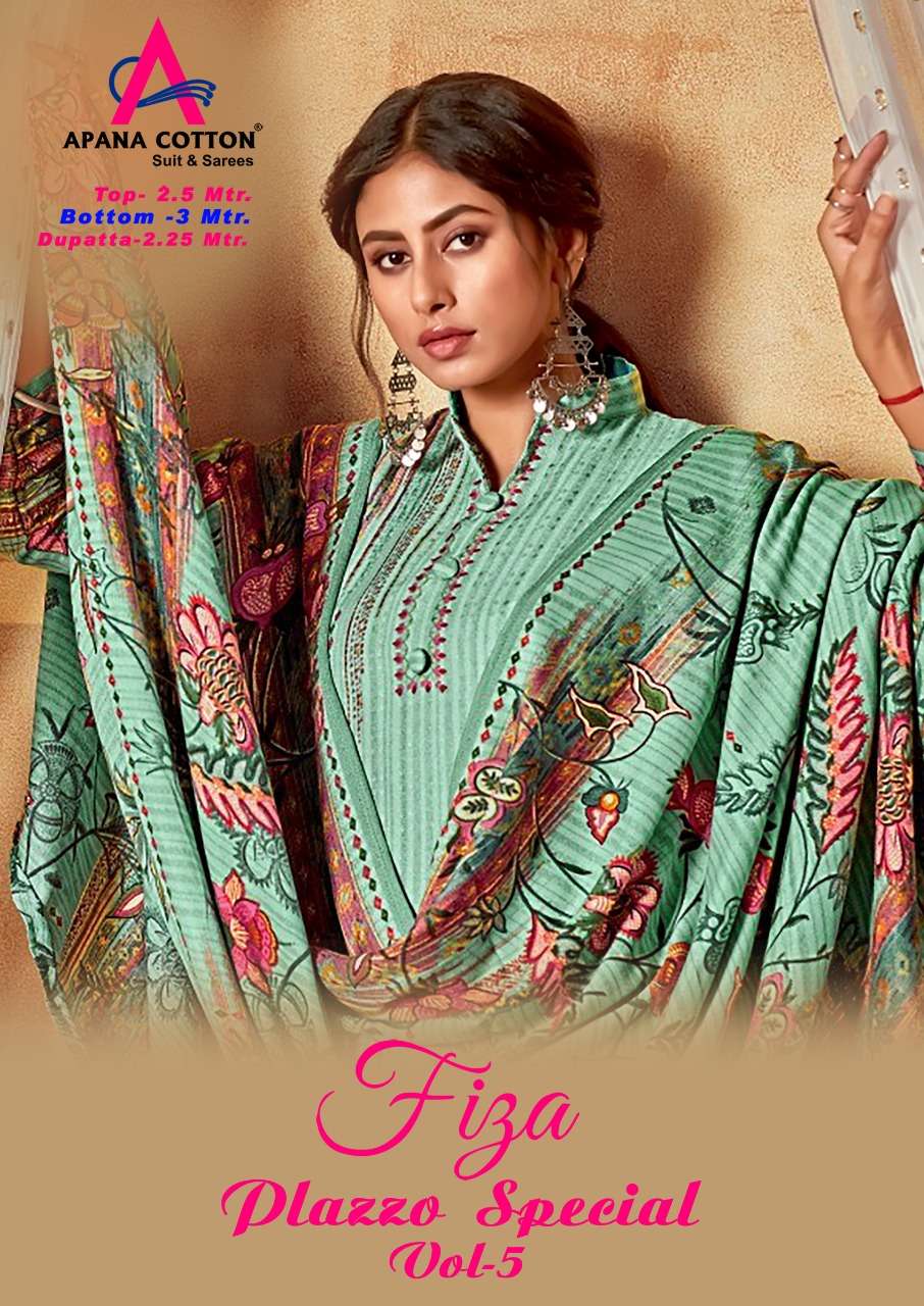 FIZA VOL-5 BY APANA COTTON 5001 TO 5010 SERIES DESIGNER SHARARA SUITS BEAUTIFUL STYLISH FANCY COLORFUL PARTY WEAR & OCCASIONAL WEAR COTTON PRINTED DRESSES AT WHOLESALE PRICE