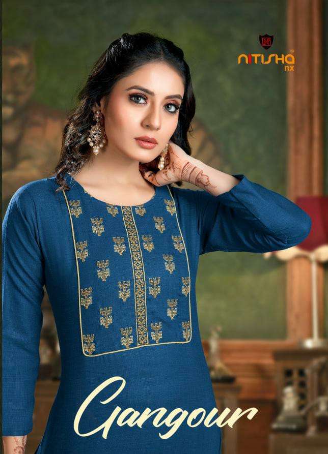 GANGOUR BY NITISHA NX 1001 TO 1008 SERIES DESIGNER BEAUTIFUL COLORFUL STYLISH FANCY CASUAL WEAR & ETHNIC WEAR & READY TO WEAR HEAVY SOFT COTTON SLUB KURTIS WITH BOTTOM AT WHOLESALE PRICE