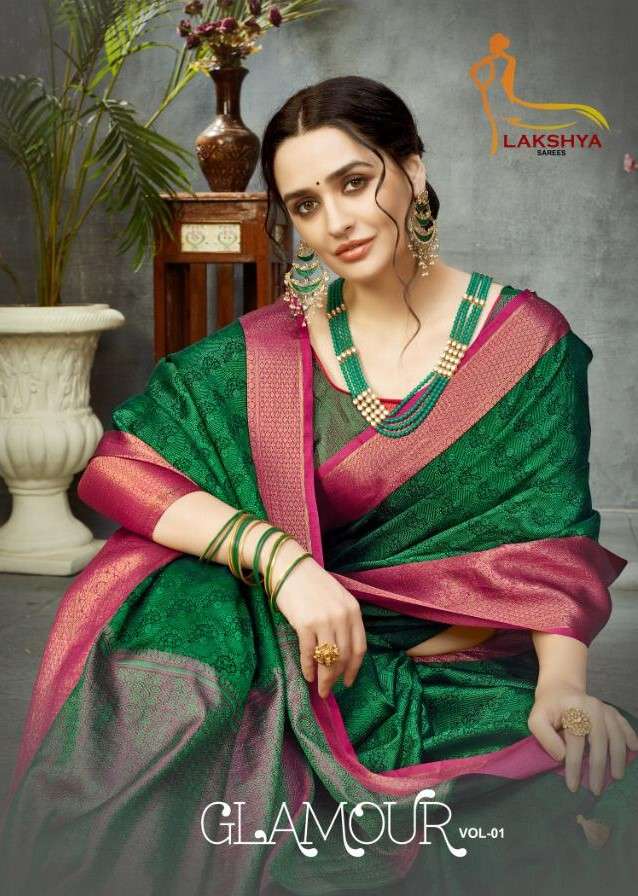 GLAMOUR VOL-1 BY LAKSHYA 3001 TO 3005 SERIES INDIAN TRADITIONAL WEAR COLLECTION BEAUTIFUL STYLISH FANCY COLORFUL PARTY WEAR & OCCASIONAL WEAR PURE BANARASI SILK SAREES AT WHOLESALE PRICE