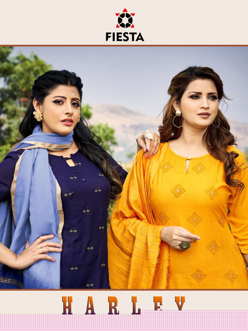 HARLEY BY FIESTA 24001 TO 24007 SERIES DESIGNER STYLISH FANCY COLORFUL BEAUTIFUL PARTY WEAR & ETHNIC WEAR COLLECTION RAYON SLUB EMBROIDERY KURTIS WITH DUPATTA AT WHOLESALE PRICE