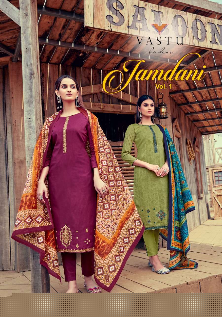 JAMDANI VOL-1 BY VASTU TEX 101 TO 110 SERIES BEAUTIFUL WINTER COLLECTION SUITS STYLISH FANCY COLORFUL CASUAL WEAR & ETHNIC WEAR PURE COTTON MAL PRINT WITH WORK DRESSES AT WHOLESALE PRICE