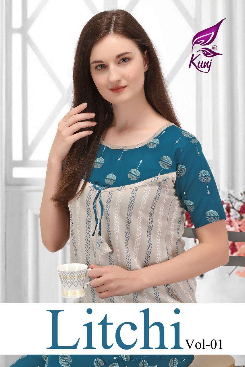 LITCHI VOL-1 BY KUNJ 101 TO 108 SERIES DESIGNER STYLISH FANCY COLORFUL BEAUTIFUL PARTY WEAR & ETHNIC WEAR COLLECTION RAYON PRINT TOPS WITH BOTTOM AT WHOLESALE PRICE