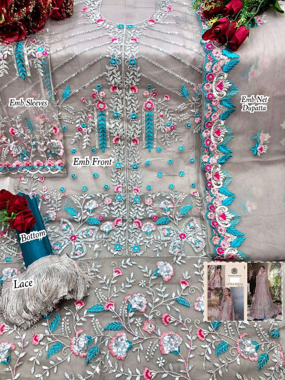 LEYLA KHAN BY RUMAISHA FASHION BEAUTIFUL PAKISTANI SUITS COLORFUL STYLISH FANCY CASUAL WEAR & ETHNIC WEAR BUTTERFLY NET EMBROIDERED DRESSES AT WHOLESALE PRICE