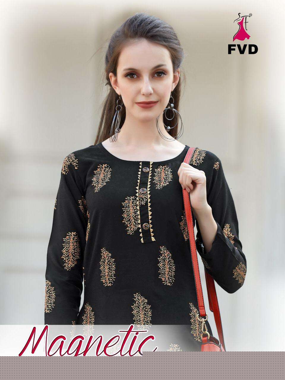 MAGNETIC BY FVD 185 TO 190 SERIES DESIGNER STYLISH FANCY COLORFUL BEAUTIFUL PARTY WEAR & ETHNIC WEAR COLLECTION RAYON FOIL PRINT KURTIS WITH BOTTOM AT WHOLESALE PRICE