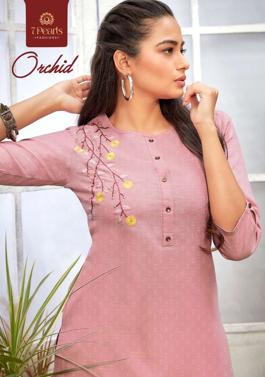 ORCHID BY 7 PEARLS 2001 TO 2006 SERIES DESIGNER STYLISH FANCY COLORFUL BEAUTIFUL PARTY WEAR & ETHNIC WEAR COLLECTION PURE COTTON EMBROIDERY KURTIS WITH BOTTOM AT WHOLESALE PRICE