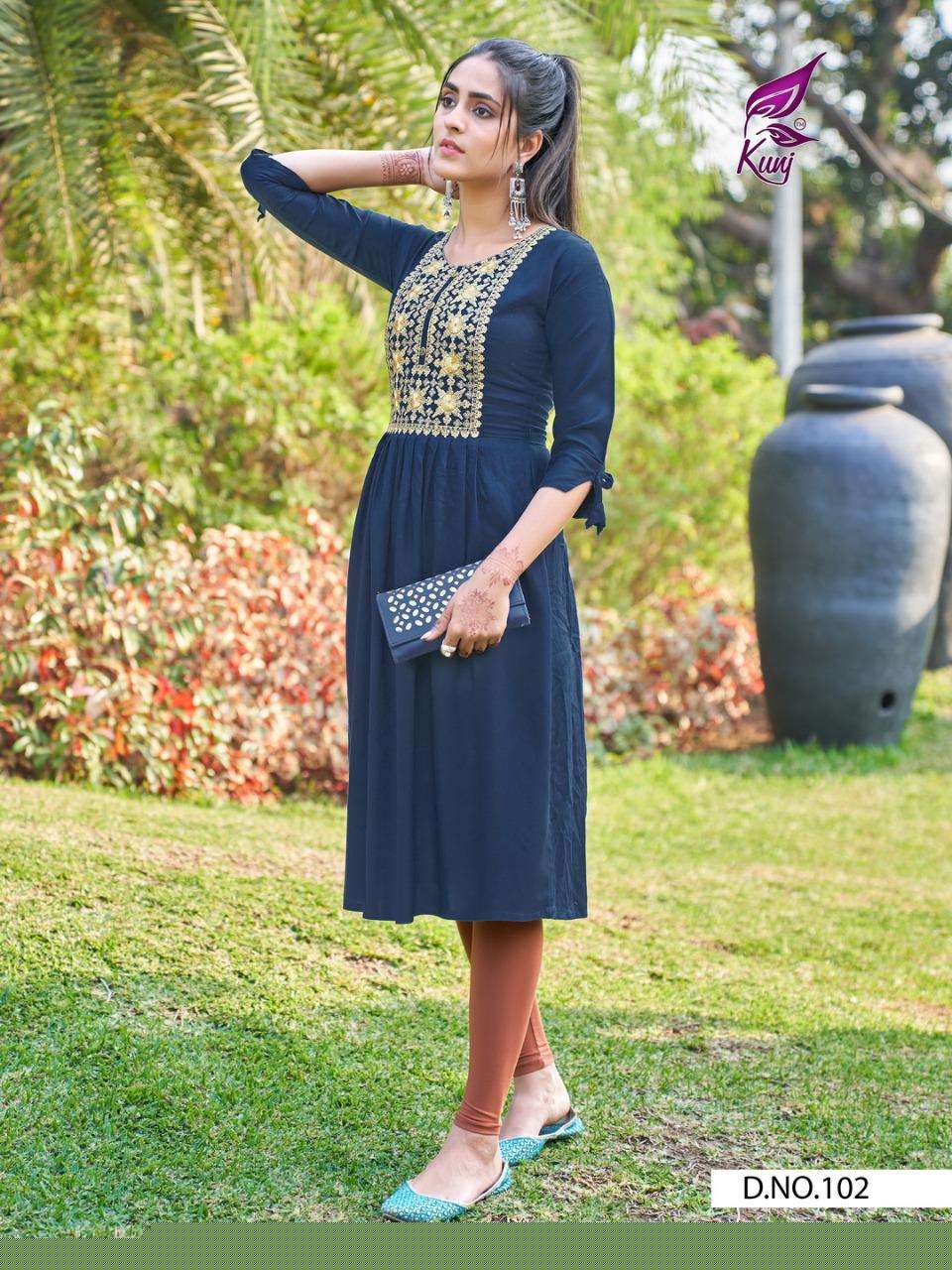 PIXCEL VOL-1 BY KUNJ 101 TO 108 SERIES DESIGNER STYLISH FANCY COLORFUL BEAUTIFUL PARTY WEAR & ETHNIC WEAR COLLECTION RAYON SEQUENCE WORK KURTIS AT WHOLESALE PRICE