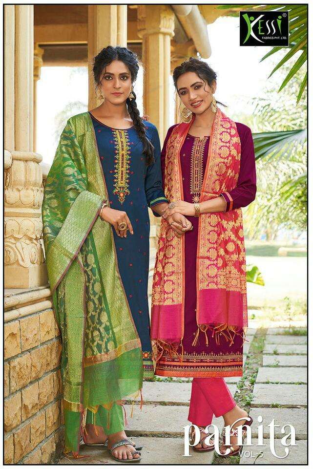 PARNITA VOL-5 BY KESSI FABRICS 5821 TO 5828 SERIES BEAUTIFUL SUITS COLORFUL STYLISH FANCY CASUAL WEAR & ETHNIC WEAR JAM SILK WORK DRESSES AT WHOLESALE PRICE