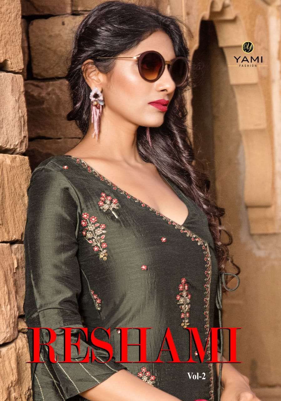 RESHAMI VOL-2 BY YAMI FASHION 3911 TO 3916 SERIES DESIGNER STYLISH FANCY COLORFUL BEAUTIFUL PARTY WEAR & ETHNIC WEAR COLLECTION VISCOSE EMBROIDERY KURTIS WITH BOTTOM AT WHOLESALE PRICE