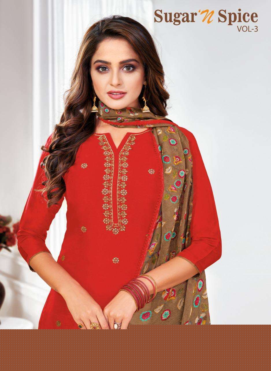 SUGAR N SPICE VOL-3 BY SHAGUN LIFESTYLE 3001 TO 3012 SERIES BEAUTIFUL SUITS COLORFUL STYLISH FANCY CASUAL WEAR & ETHNIC WEAR CHANDERI COTTON DRESSES AT WHOLESALE PRICE