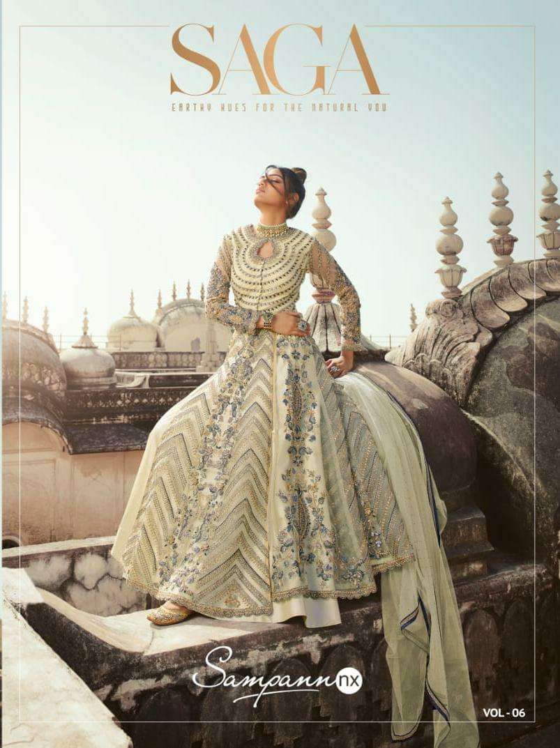 SAGA VOL-6 BY SAMPANN NX 5601 TO 5607 SERIES BEAUTIFUL STYLISH ANARKALI SUITS FANCY COLORFUL CASUAL WEAR & ETHNIC WEAR & READY TO WEAR FANCY DRESSES AT WHOLESALE PRICE