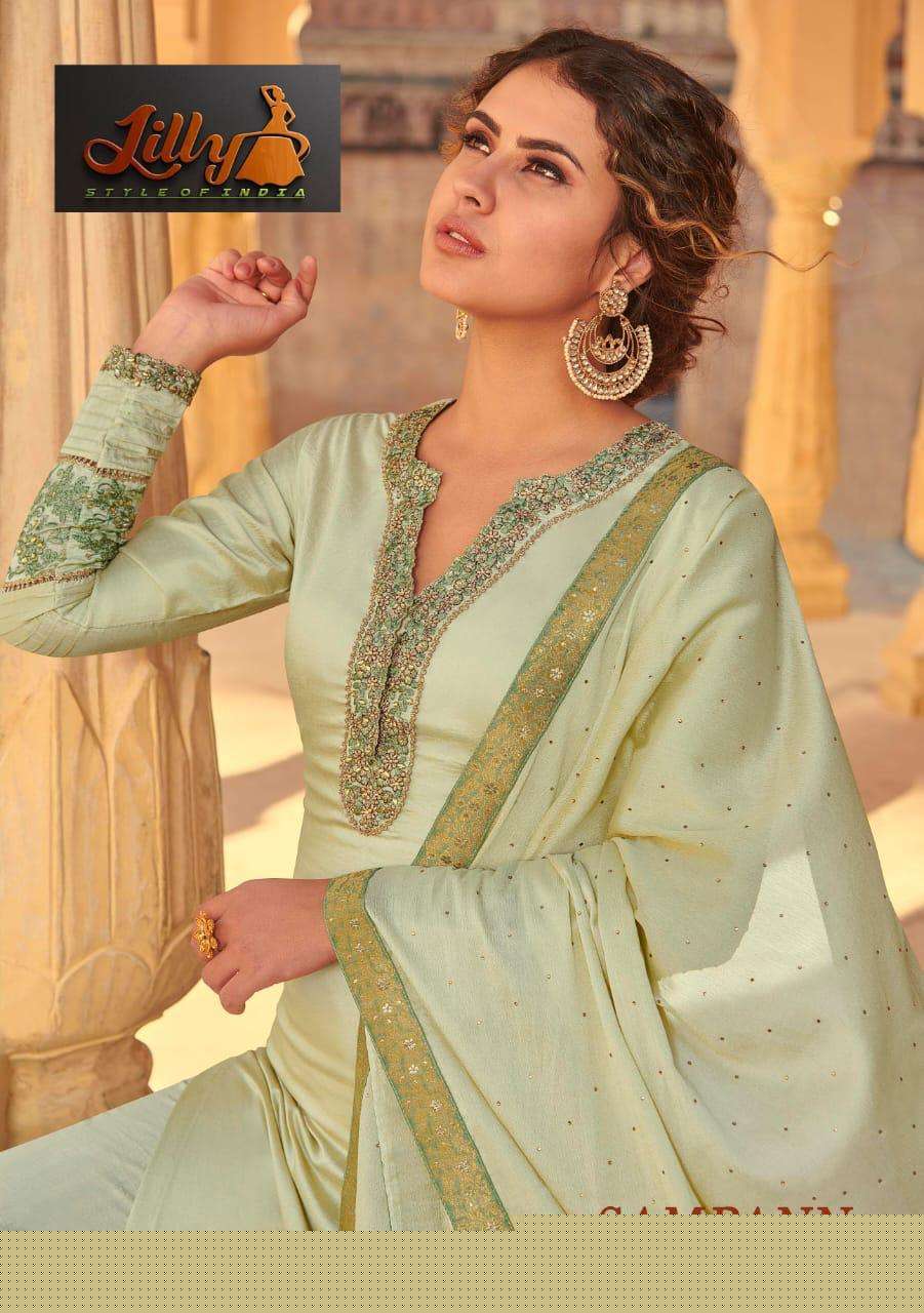 SAMPANN BY LILLY 01 TO 06 SERIES BEAUTIFUL SUITS COLORFUL STYLISH FANCY CASUAL WEAR & ETHNIC WEAR TUSSAR MUSLIN WITH STONE WORK DRESSES AT WHOLESALE PRICE