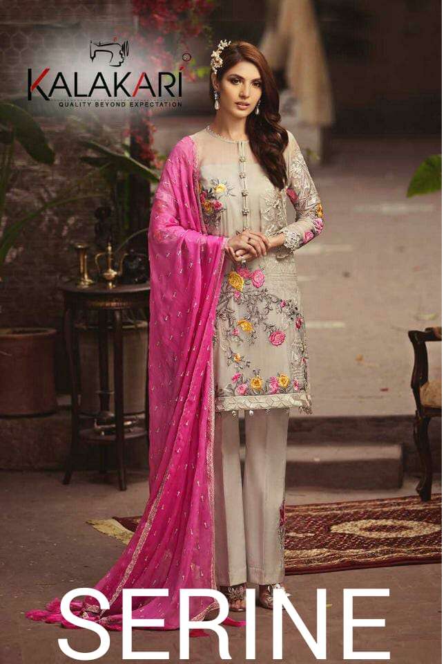 SERINE BY KALAKARI 101 TO 103 SERIES PAKISTANI SUITS BEAUTIFUL FANCY COLORFUL STYLISH PARTY WEAR & OCCASIONAL WEAR BUTTERFLY NET EMBROIDERED DRESSES AT WHOLESALE PRICE