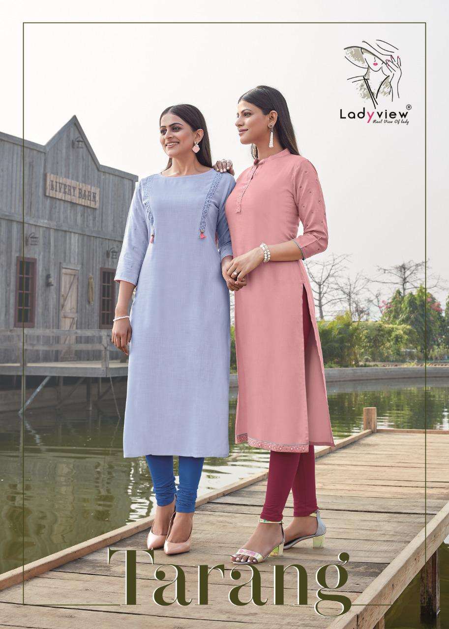 TARANG BY LADY VIEW 1001 TO 1006 SERIES DESIGNER STYLISH FANCY COLORFUL BEAUTIFUL PARTY WEAR & ETHNIC WEAR COLLECTION HEAVY RAYON SLUB EMBROIDERY KURTIS AT WHOLESALE PRICE