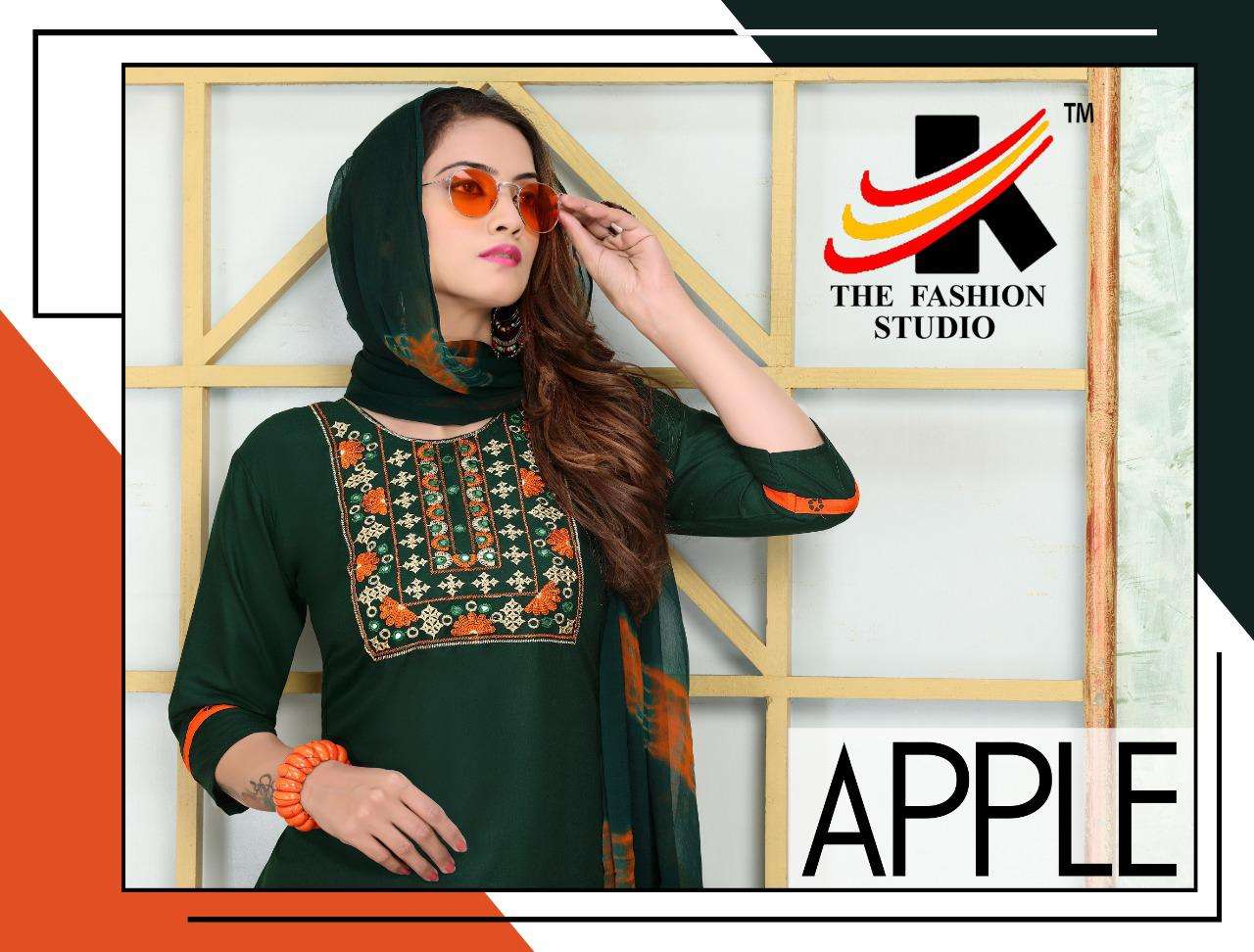 APPLE BY THE FASHION STUDIO 501 TO 508 SERIES BEAUTIFUL STYLISH PATIYALA SUITS FANCY COLORFUL CASUAL WEAR & ETHNIC WEAR & READY TO WEAR RAYON PRINT EMBROIDERED DRESSES AT WHOLESALE PRICE