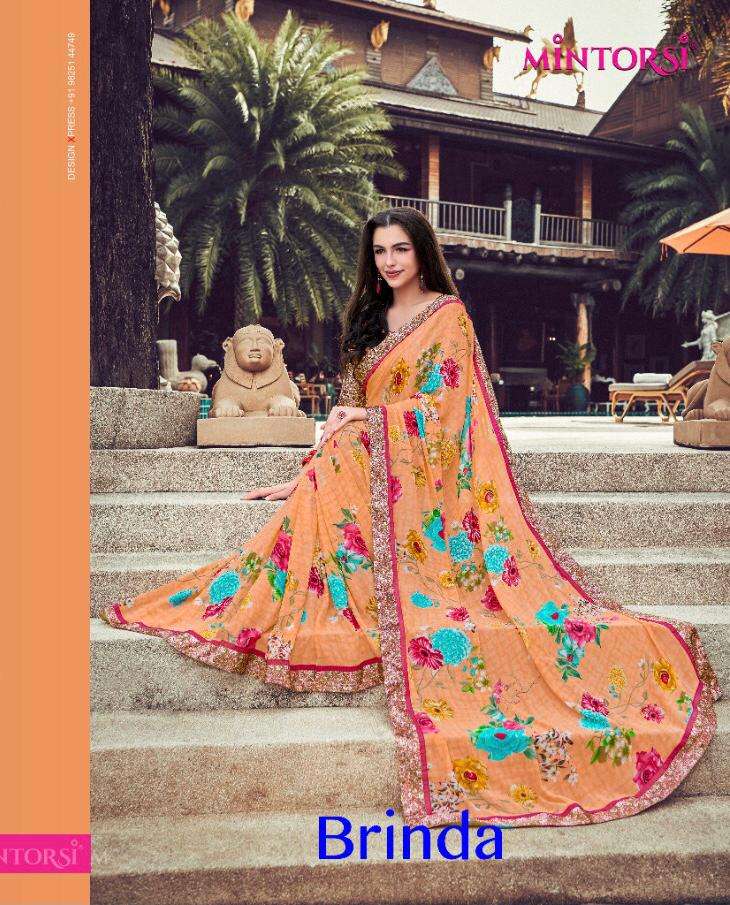BRINDA BY MINTORSI INDIAN TRADITIONAL WEAR COLLECTION BEAUTIFUL STYLISH FANCY COLORFUL PARTY WEAR & OCCASIONAL WEAR GEORGETTE PRINT SAREES AT WHOLESALE PRICE
