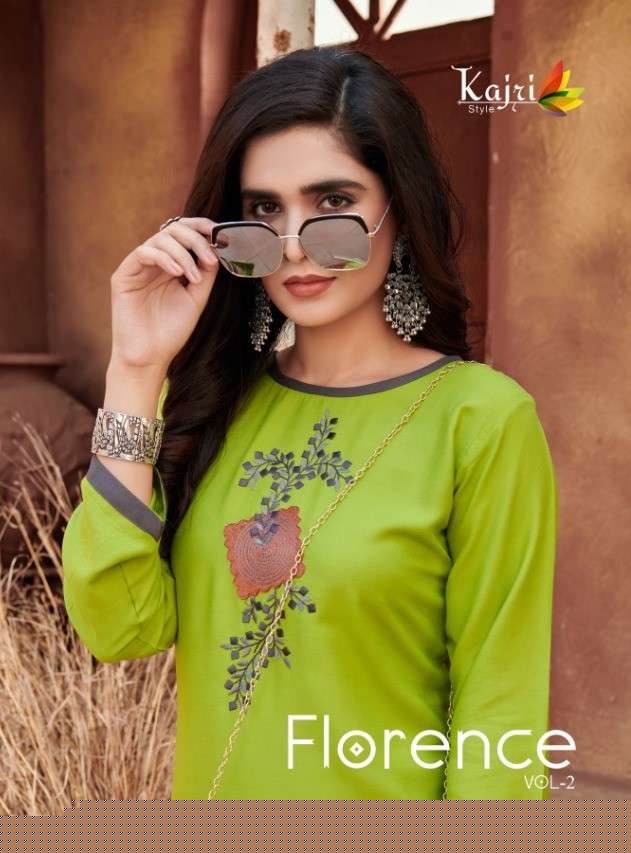 FLORENCE VOL-2 BY KAJRI STYLE 1001 TO 1006 SERIES DESIGNER STYLISH FANCY COLORFUL BEAUTIFUL PARTY WEAR & ETHNIC WEAR COLLECTION HEAVY RAYON EMBROIDERY KURTIS AT WHOLESALE PRICE