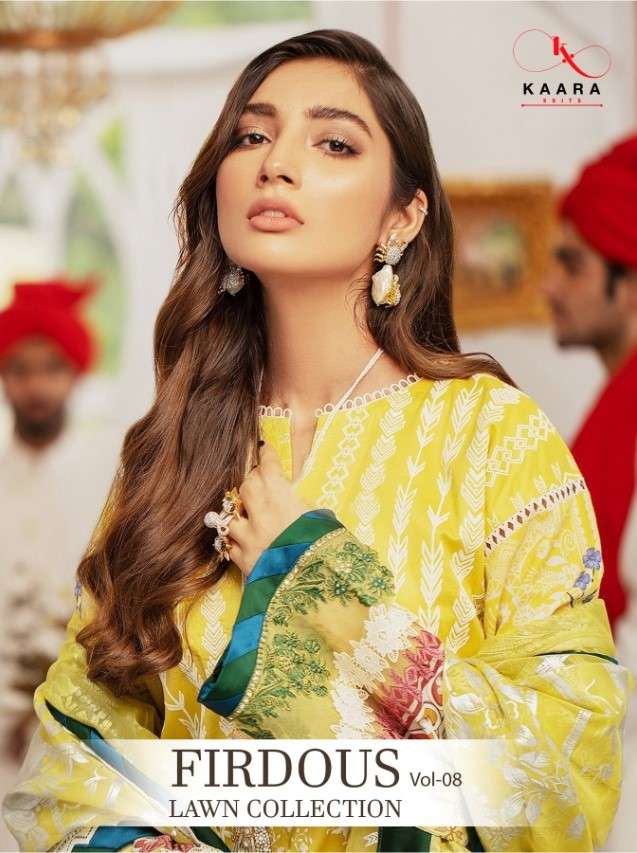 FIRDOUS LAWN COLLECTION VOL-8 BY KAARA SUITS 8001 TO 8006 SERIES BEAUTIFUL SUITS STYLISH FANCY COLORFUL PARTY WEAR & OCCASIONAL WEAR PURE COTTON PRINT WITH EMBROIDERY DRESSES AT WHOLESALE PRICE