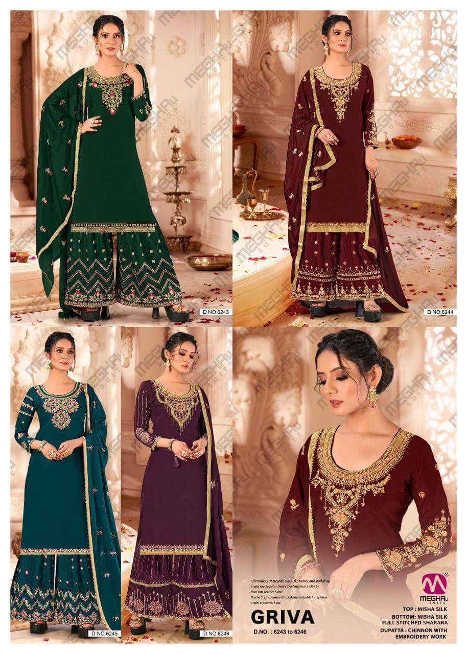 GRIVA BY MEGHALI 6243 TO 6246 SERIES DESIGNER WEDDING COLLECTION BEAUTIFUL STYLISH FANCY COLORFUL PARTY WEAR & OCCASIONAL WEAR HEAVY MISHA SILK AT WHOLESALE PRICE