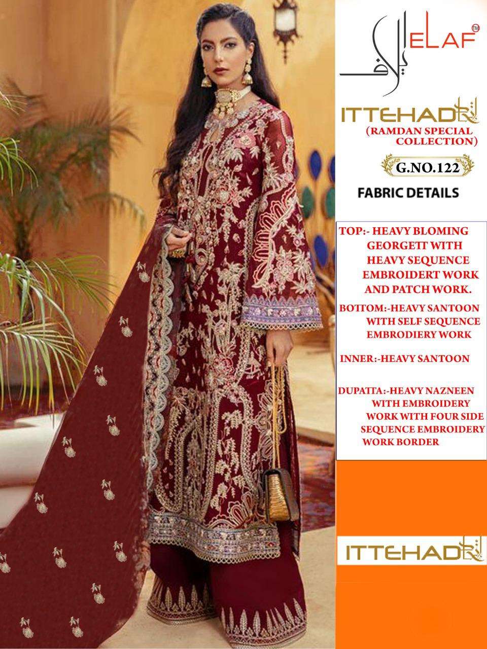 ITTEHAD HIT DESIGN 122 BY ELAAF PAKISTANI SUITS BEAUTIFUL FANCY COLORFUL STYLISH PARTY WEAR & OCCASIONAL WEAR HEAVY BLOOMING GEORGETTE EMBROIDERED DRESSES AT WHOLESALE PRICE