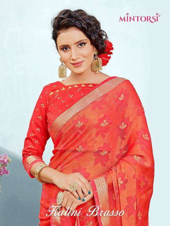 KALINI BRASSO BY MINTORSI 24151 TO 24158 SERIES INDIAN TRADITIONAL WEAR COLLECTION BEAUTIFUL STYLISH FANCY COLORFUL PARTY WEAR & OCCASIONAL WEAR CHIFFON BRASSO SAREES AT WHOLESALE PRICE