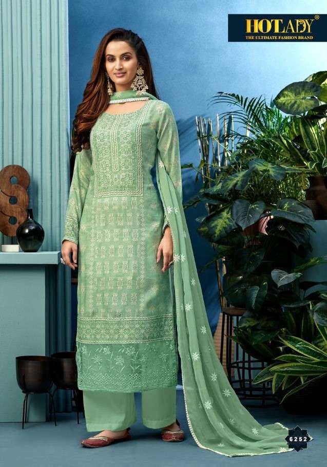 NEESHEE BY HOT LADY 6251 TO 6256 SERIES BEAUTIFUL SUITS COLORFUL STYLISH FANCY CASUAL WEAR & ETHNIC WEAR PURE MUSLIN DIGITAL PRINT WITH KHATLI WORK DRESSES AT WHOLESALE PRICE