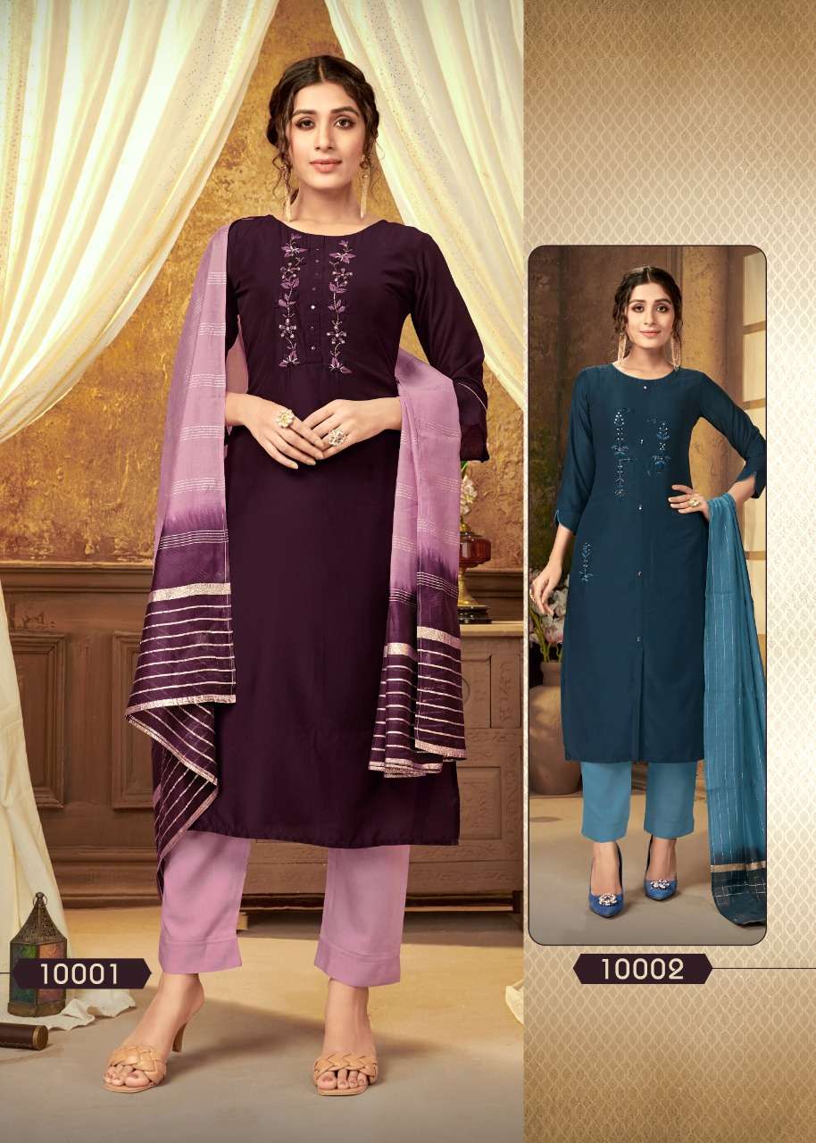 PULSBEBRRY BY 4 COLOURS 10001 TO 10005 SERIES BEAUTIFUL SUITS COLORFUL STYLISH FANCY CASUAL WEAR & ETHNIC WEAR PURE MUSLIN WITH HANDWORK DRESSES AT WHOLESALE PRICE