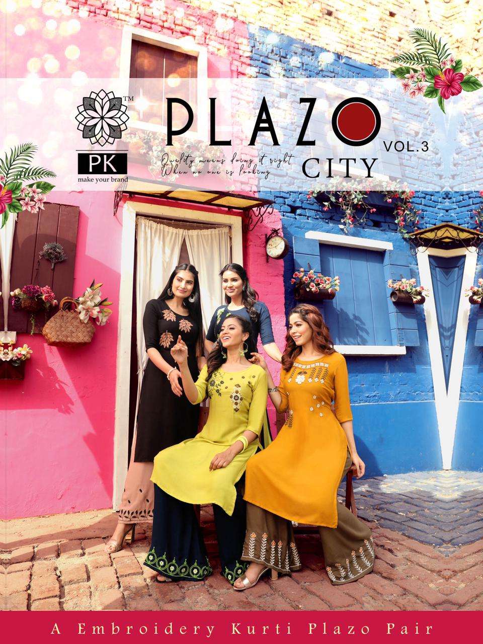 PLAZO CITY VOL-3 BY PK 3001 TO 3012 SERIES STYLISH FANCY BEAUTIFUL COLORFUL CASUAL WEAR & ETHNIC WEAR RAYON EMBROIDERED KURTIS WITH BOTTOM AT WHOLESALE PRICE