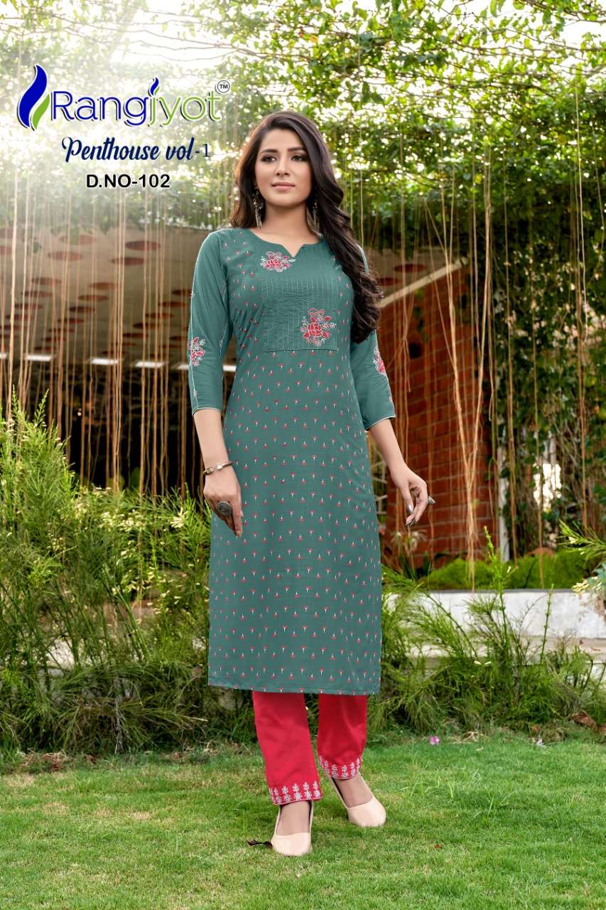 Penthouse Vol-1 By Rangjyot Fashion 101 To 108 Series Beautiful Stylish Fancy Colorful Casual Wear & Ethnic Wear & Ready To Wear Heavy Rayon Slub Print Kurtis With Bottom At Wholesale Price
