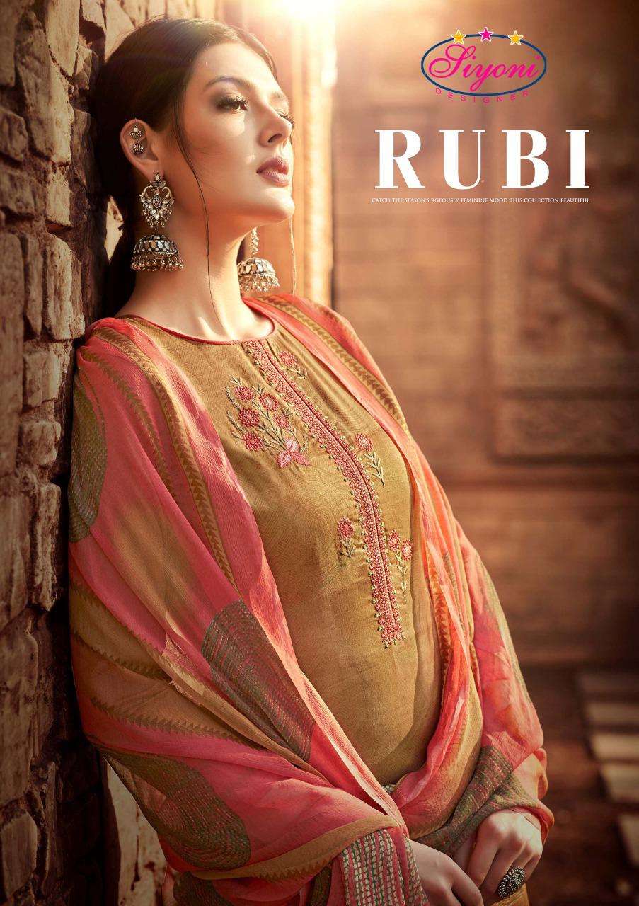 RUBI BY SIYONI 001 TO 010 SERIES BEAUTIFUL SUITS COLORFUL STYLISH FANCY CASUAL WEAR & ETHNIC WEAR PURE HEAVY JAM COTTON PRINT EMBROIDERED DRESSES AT WHOLESALE PRICE