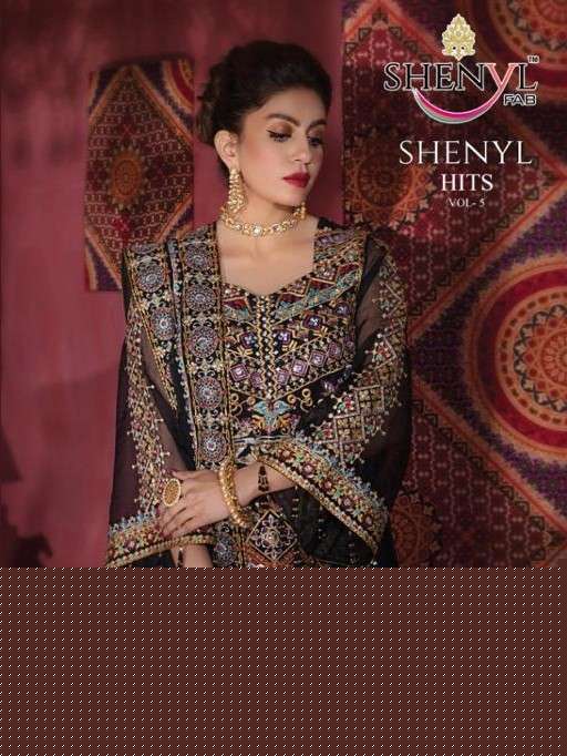 SHENYL HITS VOL-5 BY SHENYL FAB 1301 TO 1304 SERIES DESIGNER PAKISTANI SUITS BEAUTIFUL STYLISH FANCY COLORFUL PARTY WEAR & OCCASIONAL WEAR FAUX GEORGETTE EMBROIDERY DRESSES AT WHOLESALE PRICE