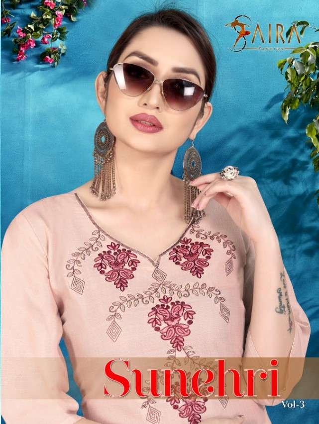 SUNEHRI VOL-3 BY SAIRA FASHION 3001 TO 3006 SERIES BEAUTIFUL COLORFUL STYLISH FANCY PARTY WEAR & ETHNIC WEAR & READY TO WEAR HEAVY RUBY SLUB COTTON KURTIS AT WHOLESALE PRICE