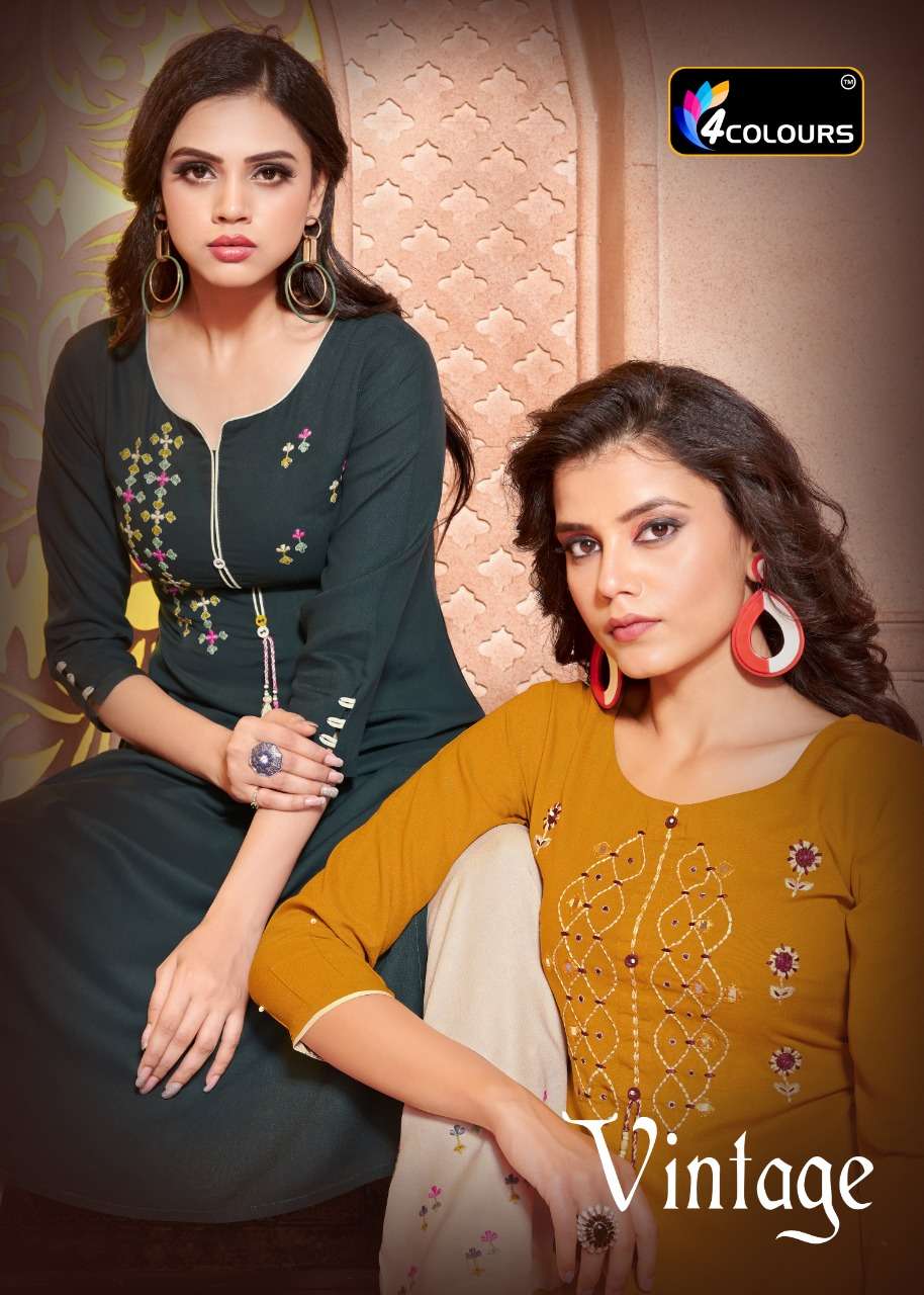 VINTAGE BY 4 COLOURS 6001 TO 6006 SERIES DESIGNER STYLISH FANCY COLORFUL BEAUTIFUL PARTY WEAR & ETHNIC WEAR COLLECTION HEAVY RAYON KURTIS WITH BOTTOM AT WHOLESALE PRICE