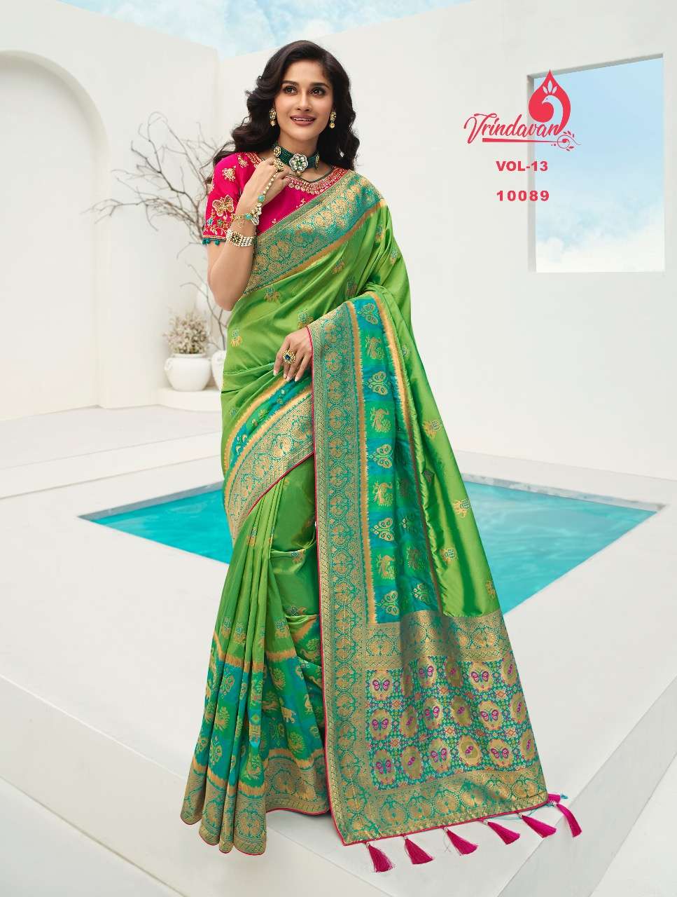 VRINDAVAN VOL-13 BY VRINDAVAN 10088 TO 10102 SERIES INDIAN TRADITIONAL WEAR COLLECTION BEAUTIFUL STYLISH FANCY COLORFUL PARTY WEAR & OCCASIONAL WEAR FANCY SAREES AT WHOLESALE PRICE