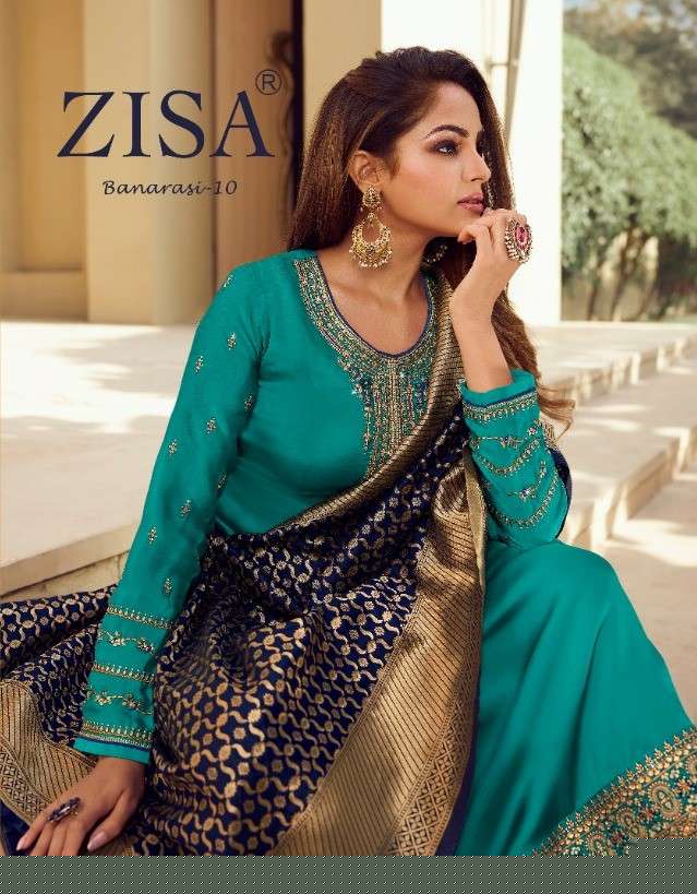 ZISA BANARASI VOL-10 BY MEERA TRENDZ 12351 TO 12358 SERIES BEAUTIFUL SUITS COLORFUL STYLISH FANCY CASUAL WEAR & ETHNIC WEAR SATIN GEORGETTE EMBROIDERED DRESSES AT WHOLESALE PRICE