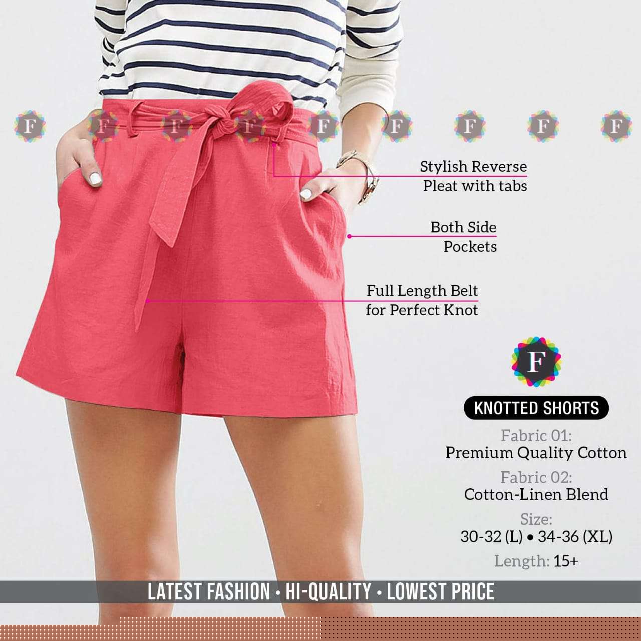 KNOTTED SHORTS BY FIESTA 01 TO 11 SERIES BEAUTIFUL STYLISH FANCY COLORFUL READY TO WEAR & CASUAL WEAR COTTON LINEN SHORTS AT WHOLESALE PRICE