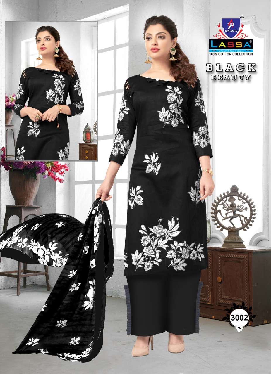 BLACK BEAUTY PATIYALA BY LASSA 3001 TO 3010 SERIES BEAUTIFUL SUITS COLORFUL STYLISH FANCY CASUAL WEAR & ETHNIC WEAR PURE COTTON DRESSES AT WHOLESALE PRICE