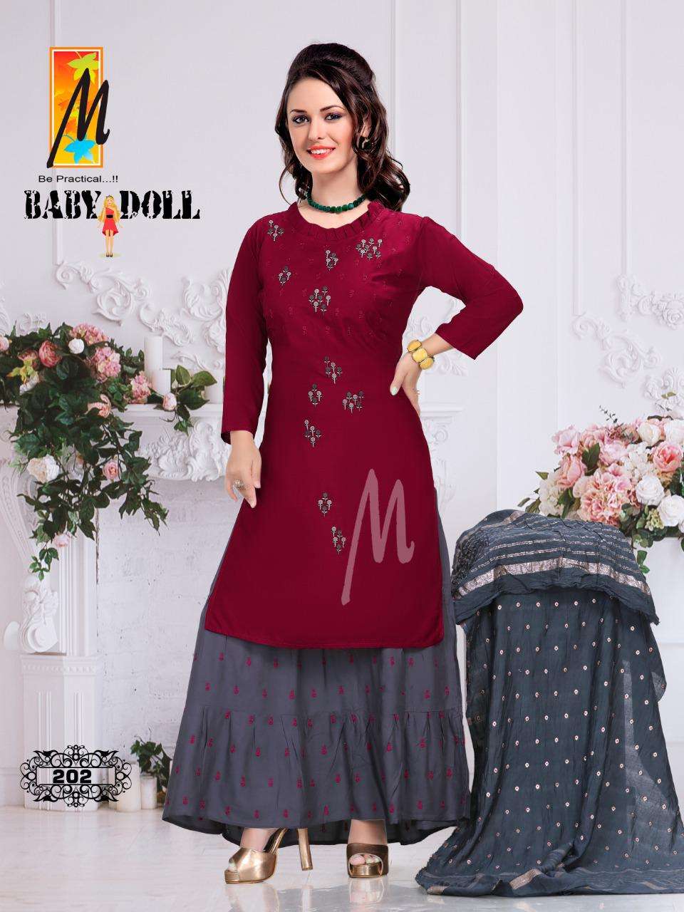 BABY DOLL BY M BE PRACTICAL 201 TO 208 SERIES BEAUTIFUL SHARARA SUITS COLORFUL STYLISH FANCY CASUAL WEAR & ETHNIC WEAR RAYON WORK DRESSES AT WHOLESALE PRICE