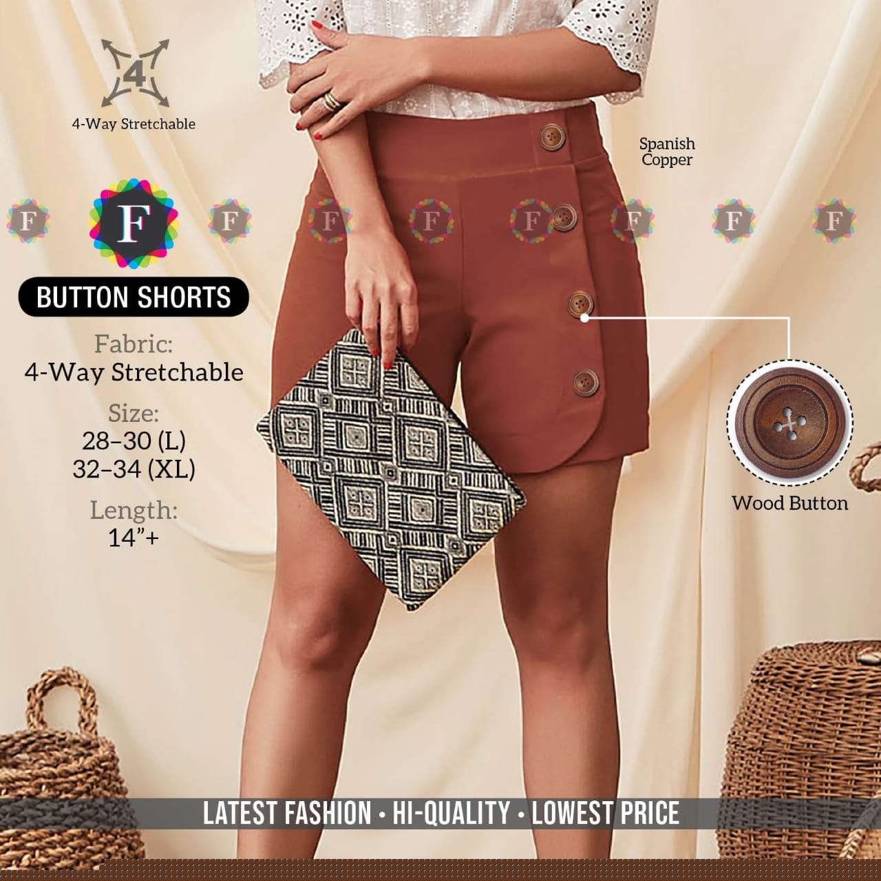 BUTTON SHORTS BY FIESTA 01 TO 12 SERIES STYLISH FANCY BEAUTIFUL COLORFUL CASUAL WEAR & ETHNIC WEAR LYCRA SHORTS AT WHOLESALE PRICE