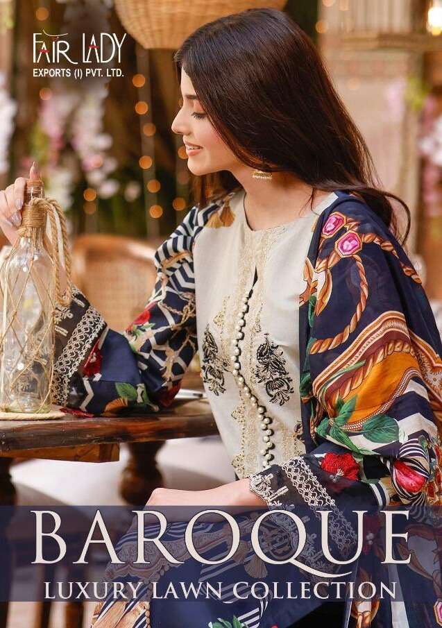 BAROQUE LUXURY LAWN COLLECTION BY FAIR LADY 19001 TO 19007 SERIES PAKISATNI SUITS BEAUTIFUL FANCY COLORFUL STYLISH PARTY WEAR & OCCASIONAL WEAR LAWN COTTON PRINT EMBROIDERED DRESSES AT WHOLESALE PRICE