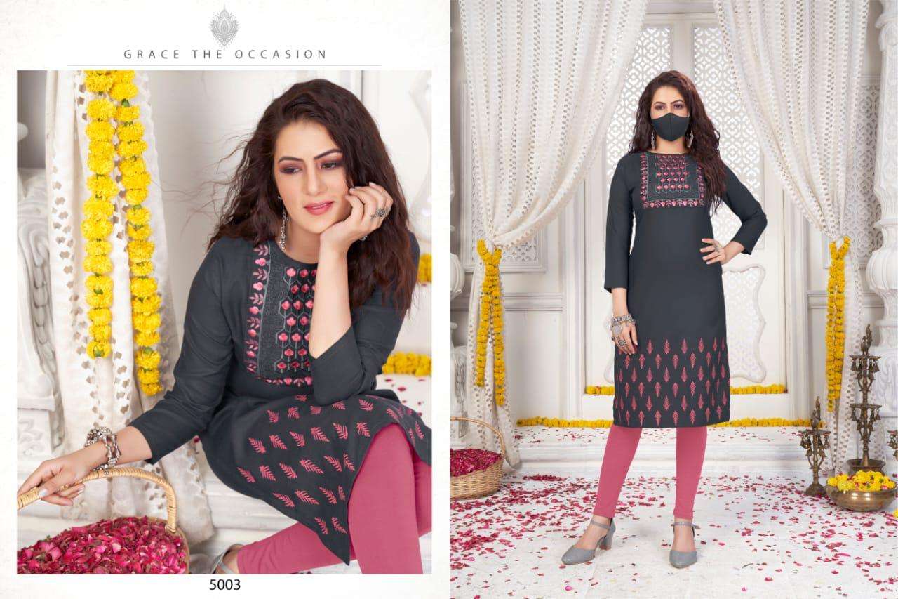 CHINGARI VOL-5 BY NITISHA NX 5001 TO 5010 SERIES BEAUTIFUL STYLISH FANCY COLORFUL CASUAL WEAR & ETHNIC WEAR & READY TO WEAR HEAVY SOFT COTTON SLUB EMBROIDERED KURTIS WITH MASK AT WHOLESALE PRICE
