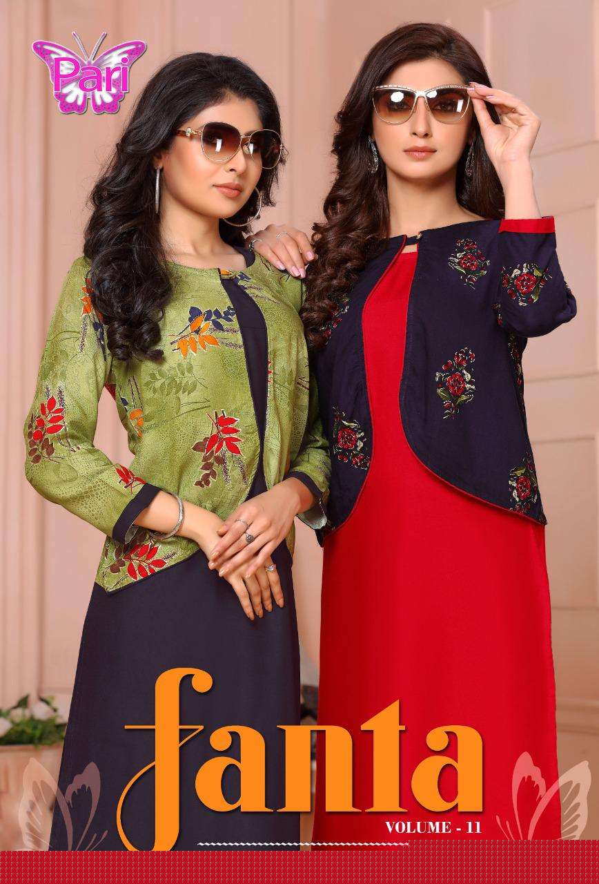 FANTA VOL-11 BY PARI 11001 TO 11008 SERIES DESIGNER STYLISH FANCY COLORFUL BEAUTIFUL PARTY WEAR & ETHNIC WEAR COLLECTION RAYON KURTIS WITH KOTI AT WHOLESALE PRICE