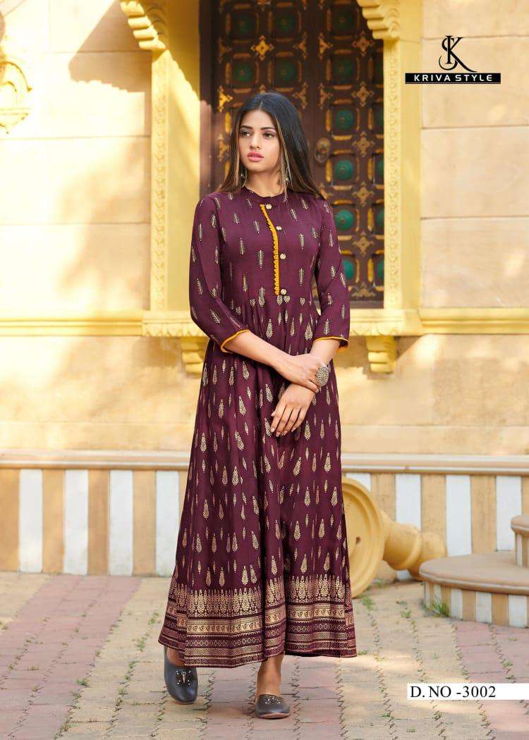 GOLDEN DIARIES BY KRIVA STYLE 3001 TO 3005 SERIES DESIGNER STYLISH FANCY COLORFUL BEAUTIFUL PARTY WEAR & ETHNIC WEAR COLLECTION RAYON GOLD PRINT GOWNS AT WHOLESALE PRICE