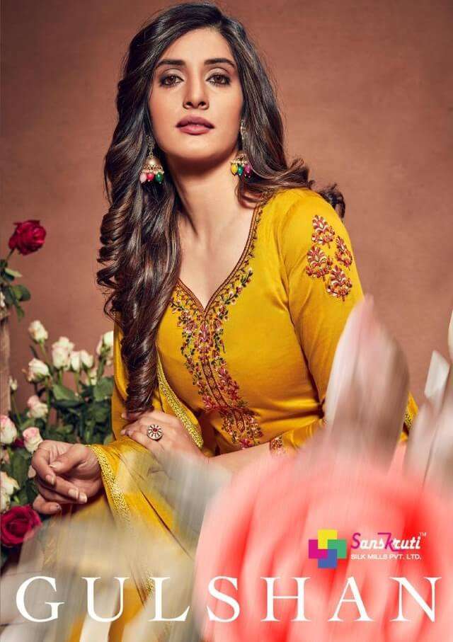 GULSHAN BY SANSKRUTI SILK MILLS 7501 TO 7506 SERIES BEAUTIFUL STYLISH SUITS FANCY COLORFUL CASUAL WEAR & ETHNIC WEAR & READY TO WEAR PURE JAM SILK DRESSES AT WHOLESALE PRICE