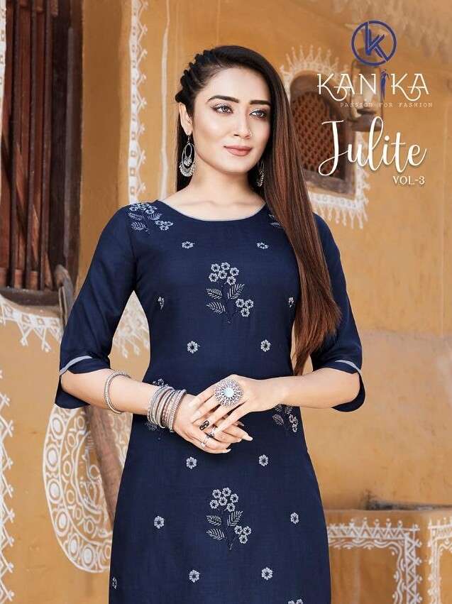 JULITE VOL-3 BY KANIKA 22013 TO 22018 SERIES DESIGNER STYLISH FANCY COLORFUL BEAUTIFUL PARTY WEAR & ETHNIC WEAR COLLECTION RUBY SLUB EMBROIDERY KURTIS WITH BOTTOM AT WHOLESALE PRICE