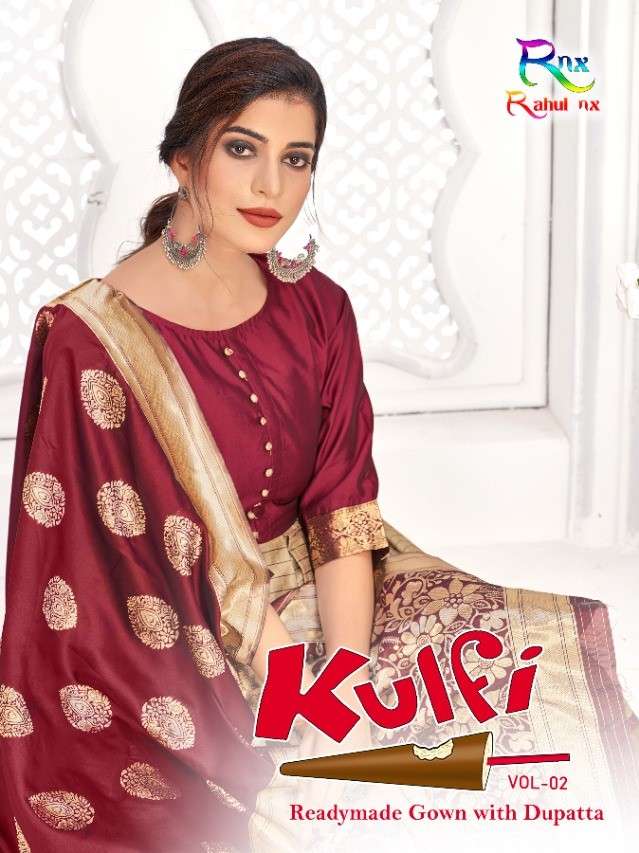 KULFI VOL-2 BY RAHUL NX 2001 TO 2008 SERIES BEAUTIFUL STYLISH FANCY COLORFUL CASUAL WEAR & ETHNIC WEAR BANARASI SILK JACQUARD GOWNS WITH DUPATTA AT WHOLESALE PRICE