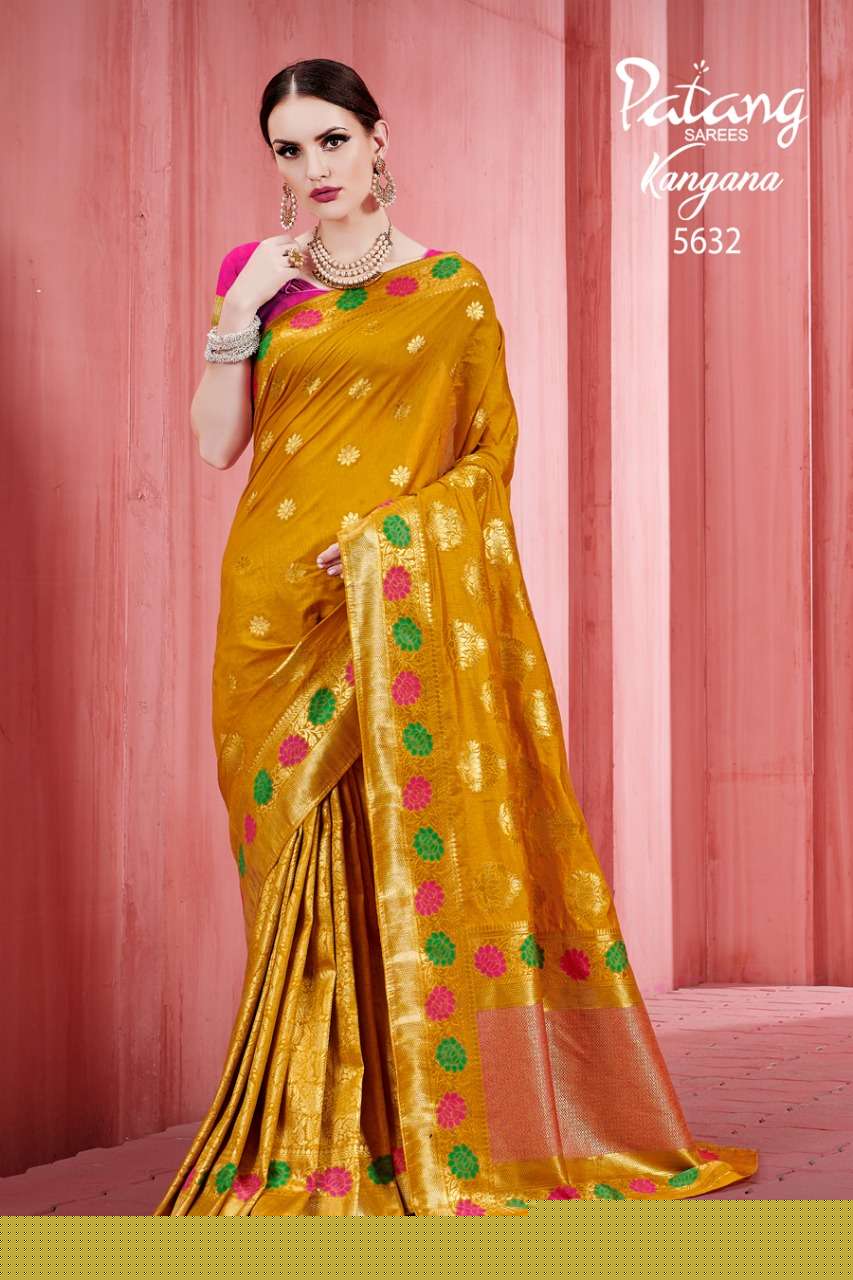 KANGANA BY PATANG SAREES 5631 TO 5637 SERIES INDIAN TRADITIONAL WEAR COLLECTION BEAUTIFUL STYLISH FANCY COLORFUL PARTY WEAR & OCCASIONAL WEAR SOFT SILK SAREES AT WHOLESALE PRICE