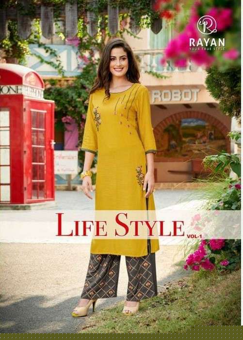LIFE STYLE VOL-1 BY RAYAN 2001 TO 2008 SERIES DESIGNER STYLISH FANCY COLORFUL BEAUTIFUL PARTY WEAR & ETHNIC WEAR COLLECTION RAYON SLUB EMBROIDERY KURTIS WITH BOTTOM AT WHOLESALE PRICE