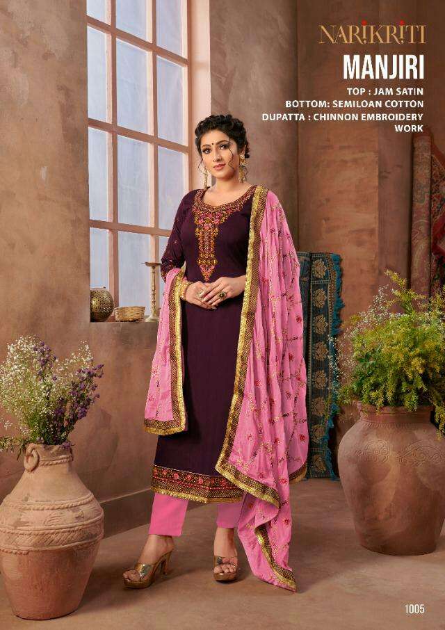 MANJIRI BY NARIKRITI 1001 TO 1006 SERIES BEAUTIFUL STYLISH SUITS FANCY COLORFUL CASUAL WEAR & ETHNIC WEAR & READY TO WEAR JAM SATIN DRESSES AT WHOLESALE PRICE